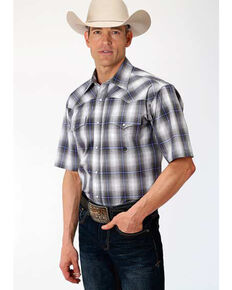 Amarillo Men's Grey Shadow Plaid Short Sleeve Western Shirt , Grey, hi-res