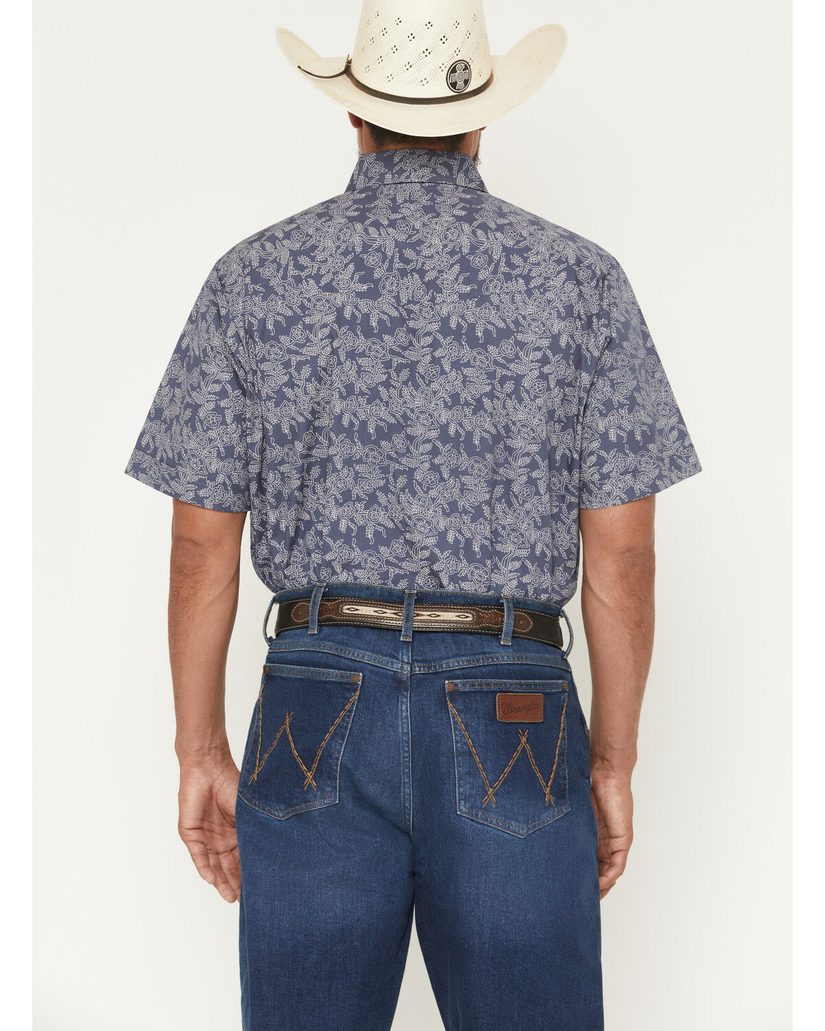 Image #4 - Ely Walker Men's Floral Print Short Sleeve Pearl Snap Western Shirt, Navy, hi-res