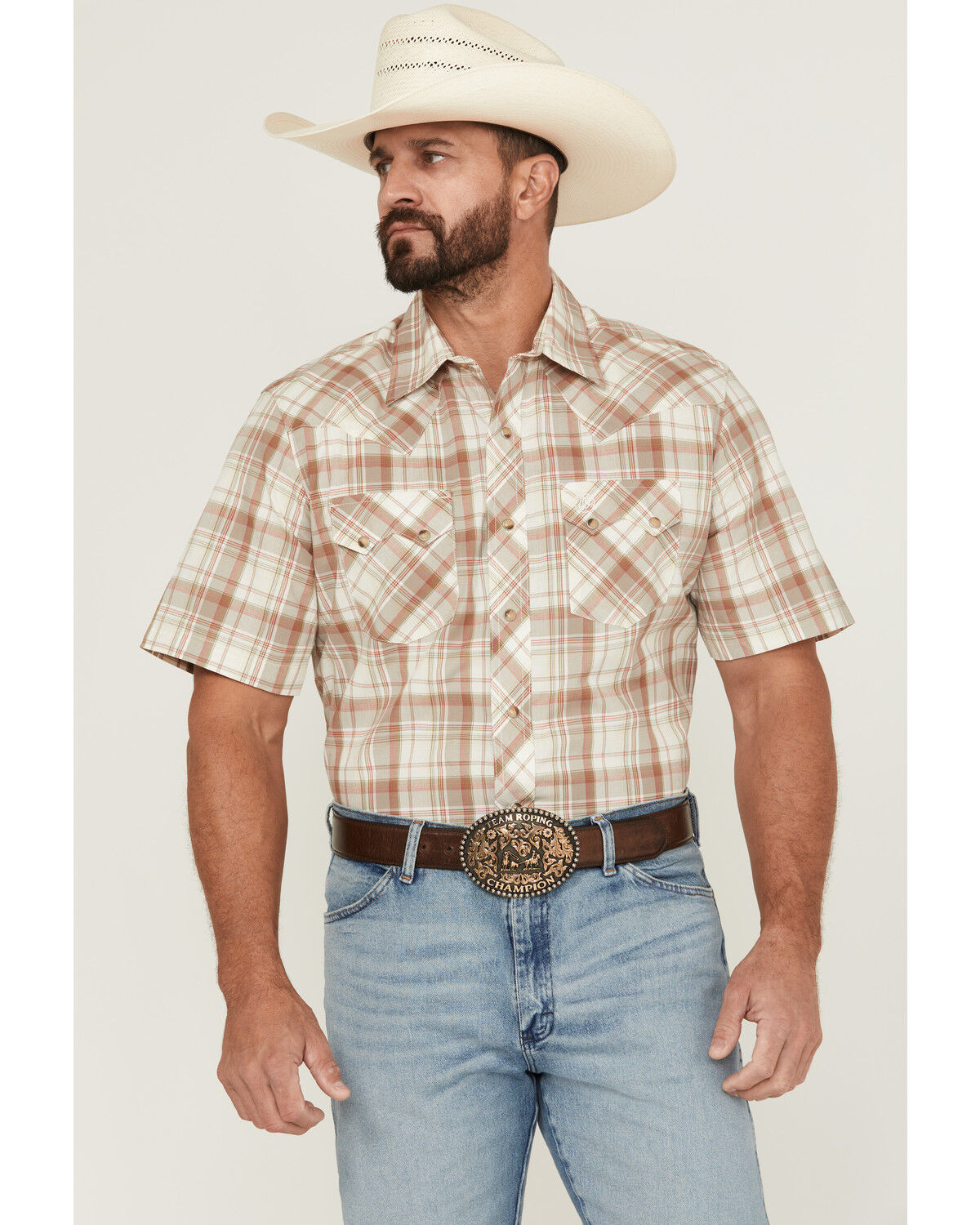 Image #1 - Wrangler Retro Men's Plaid Print Short Sleeve Snap Western Shirt, Lt Brown, hi-res