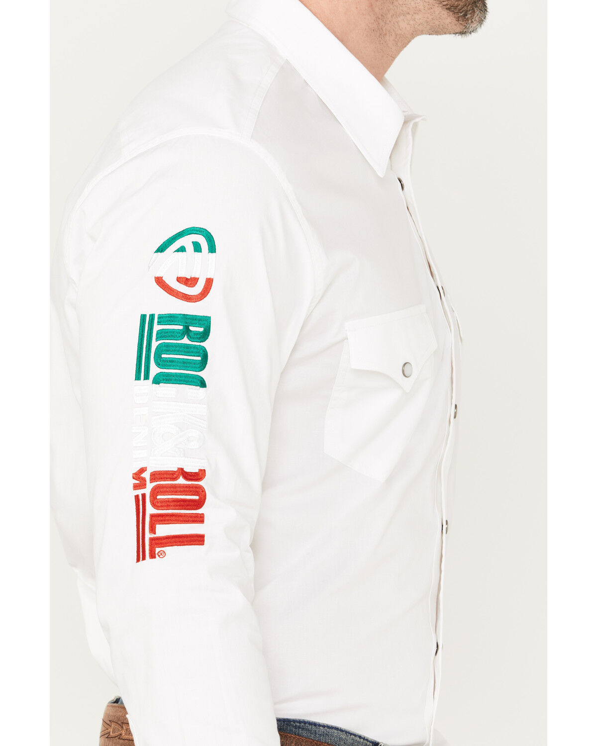 Image #3 - Rock & Roll Denim Men's Mexico Logo Long Sleeve Western Pearl Snap Shirt, White, hi-res