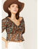 Image #2 - Wild Moss Women's Floral Print Tie-Front Peplum Crop Top, Black, hi-res