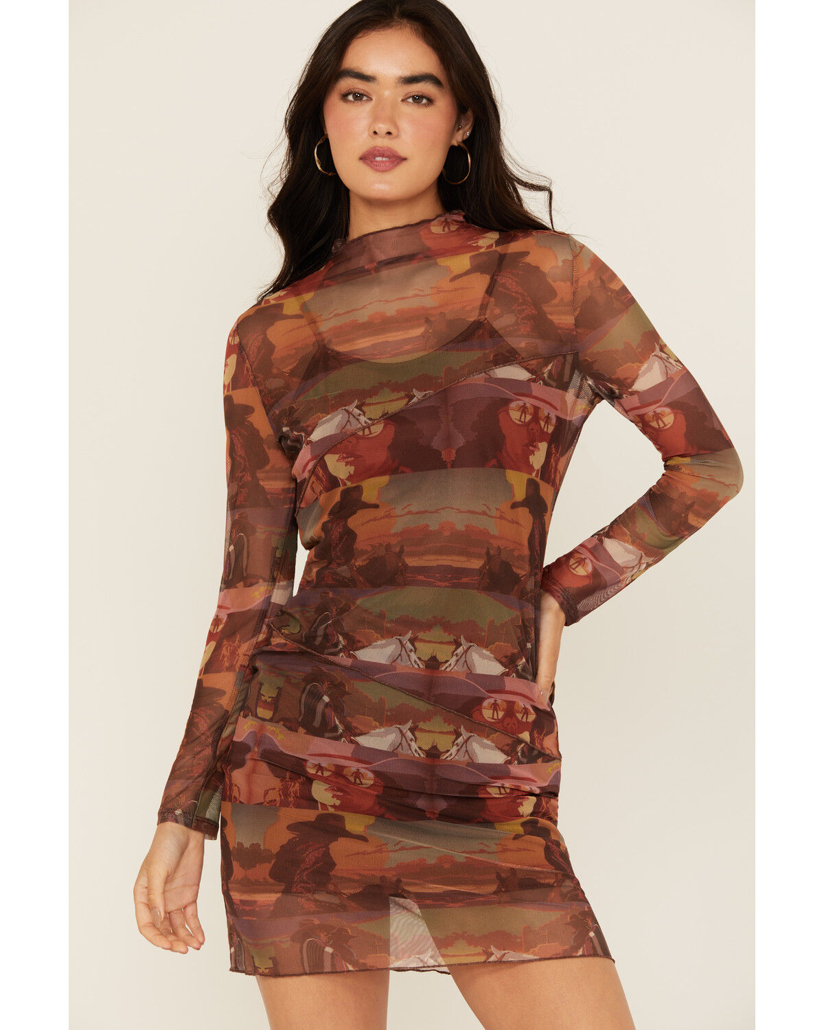 Image #1 - Rock & Roll Denim Women's Boot Barn Exclusive Mesh Desert Print Long Sleeve Mini Dress, Brown, hi-res