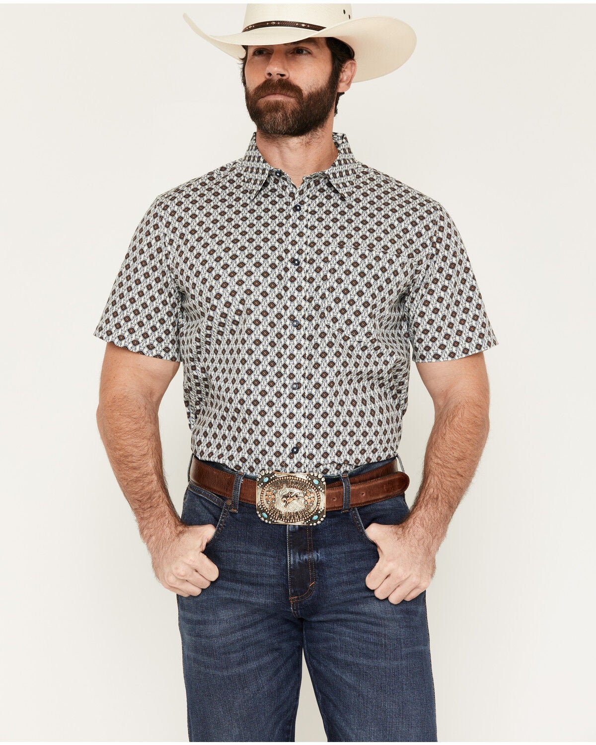 Image #1 - Gibson Trading Co Men's Old Time Geo Print Short Sleeve Button-Down Western Shirt, Ivory, hi-res