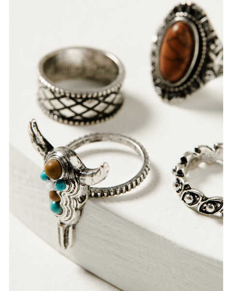 Image #2 - Shyanne Women's 5-Piece Silver Longhorn & Turquoise Beaded Ring Set, Silver, hi-res