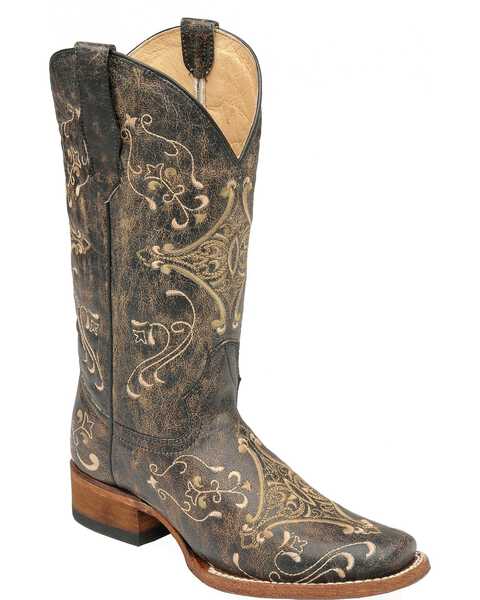 Circle G Diamond Embroidered Cowgirl Boots - Square Toe, Black, hi-res