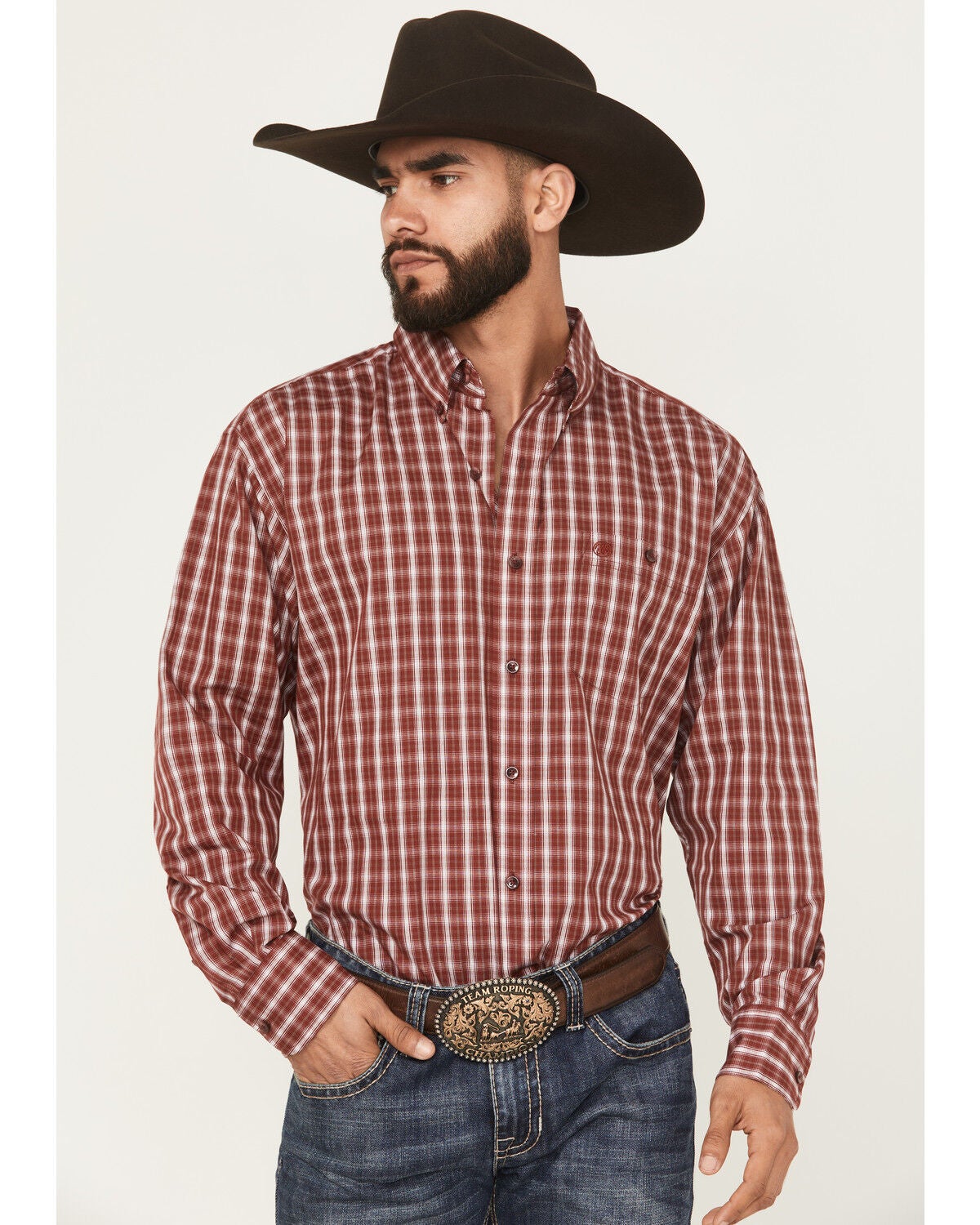 Wrangler Men's Plaid Print Long Sleeve Button-Down Stretch Western Shirt - Tall, Burgundy, hi-res