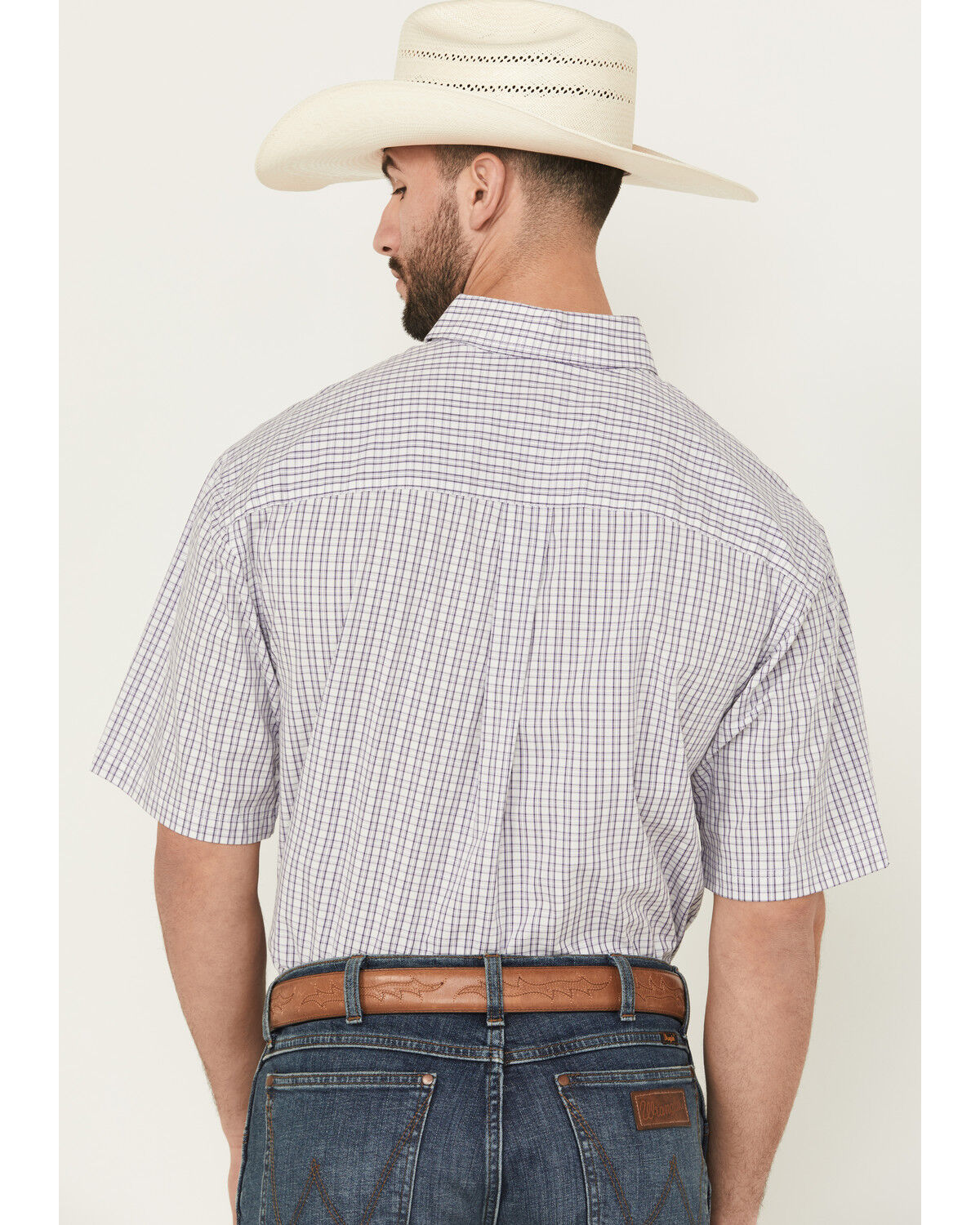 Image #4 - George Strait by Wrangler Men's Plaid Print Short Sleeve Button-Down Stretch Western Shirt - Big, Purple, hi-res