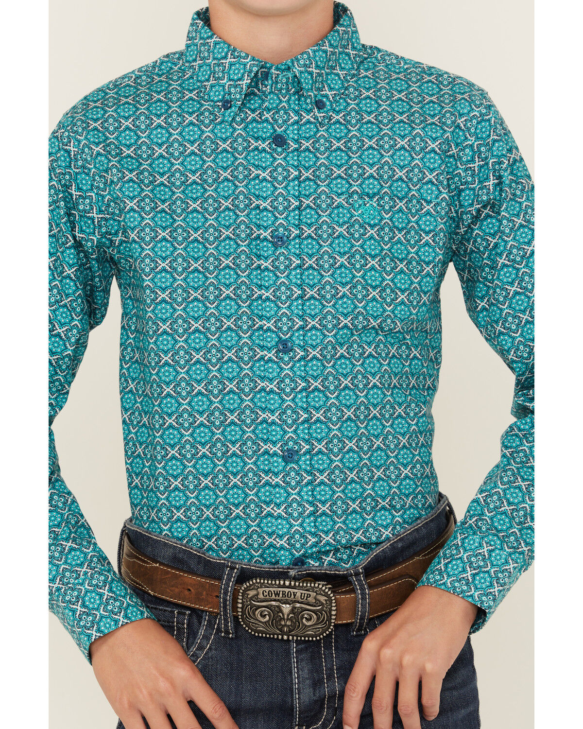 Image #3 - Ariat Boys' Geo Print Long Sleeve Button-Down Western Shirt, Navy, hi-res