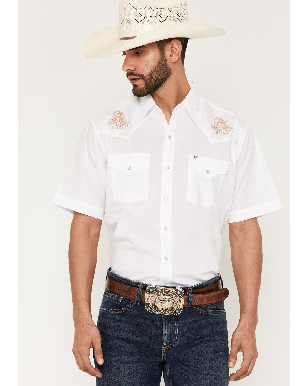Image #1 - Ely Walker Men's Mother Mary Embroidered Short Sleeve Pearl Snap Western Shirt, White, hi-res