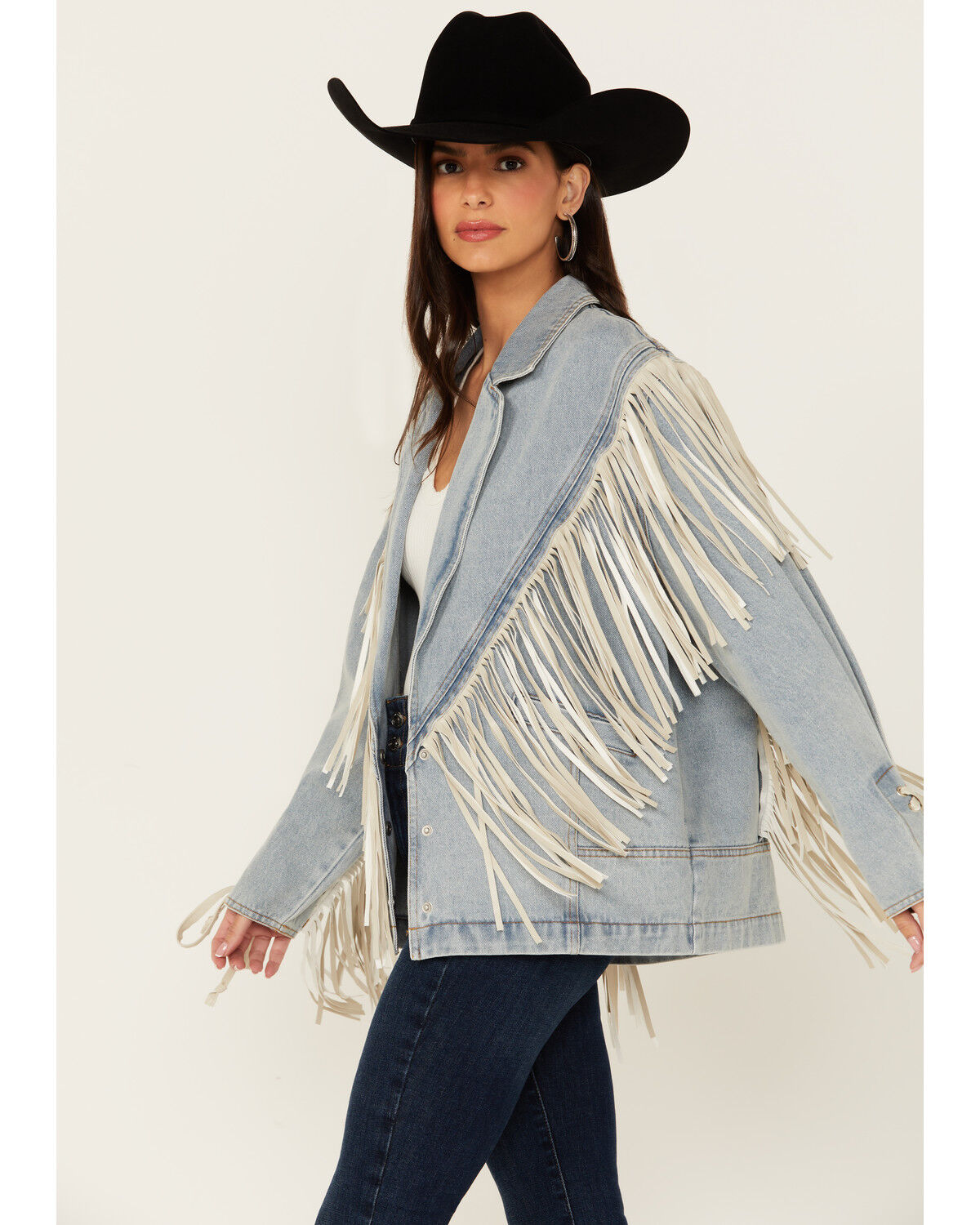 Image #2 - Saints & Hearts Women's Light Wash Denim Fringe Blazer, Blue, hi-res