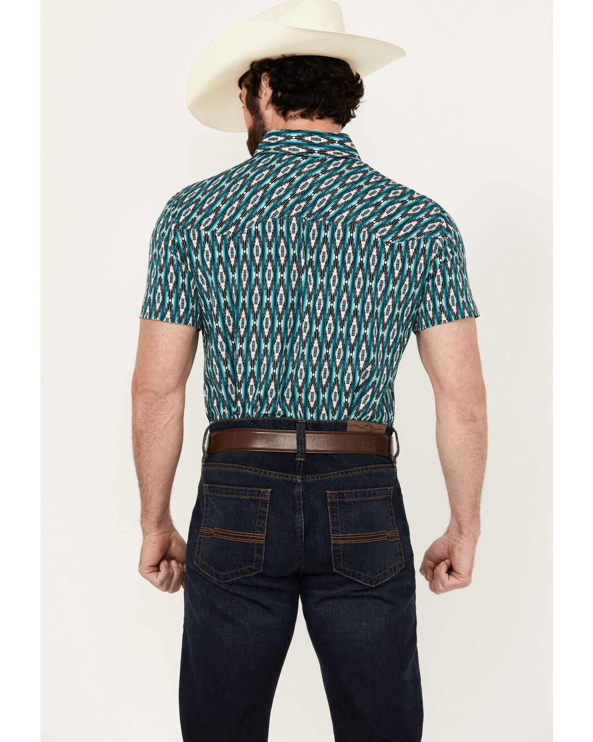 Image #4 - Panhandle Men's Southwestern Print Short Sleeve Snap Western Stretch Western Shirt, Turquoise, hi-res