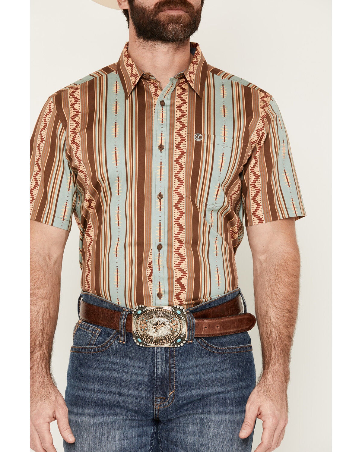 Image #3 - Cody James Men's Southwestern Stripe Print Short Sleeve Button-Down Stretch Western Shirt, Brown, hi-res