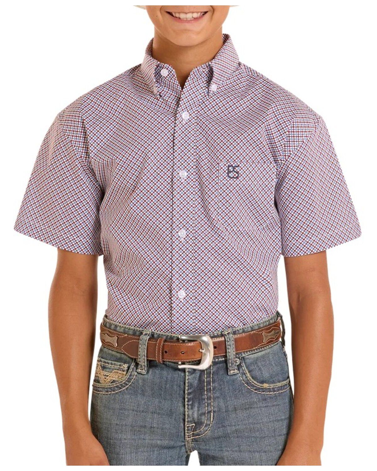 Image #1 - Panhandle Slim Boy's Geo Print Short Sleeve Button-Down Stretch Western Shirt, Red, hi-res