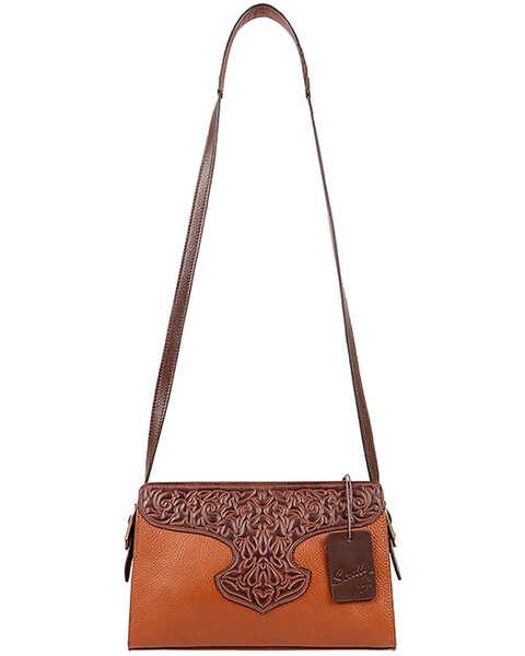 Scully Women's Leather Tooled Overlay Crossbody Bag, Tan, hi-res