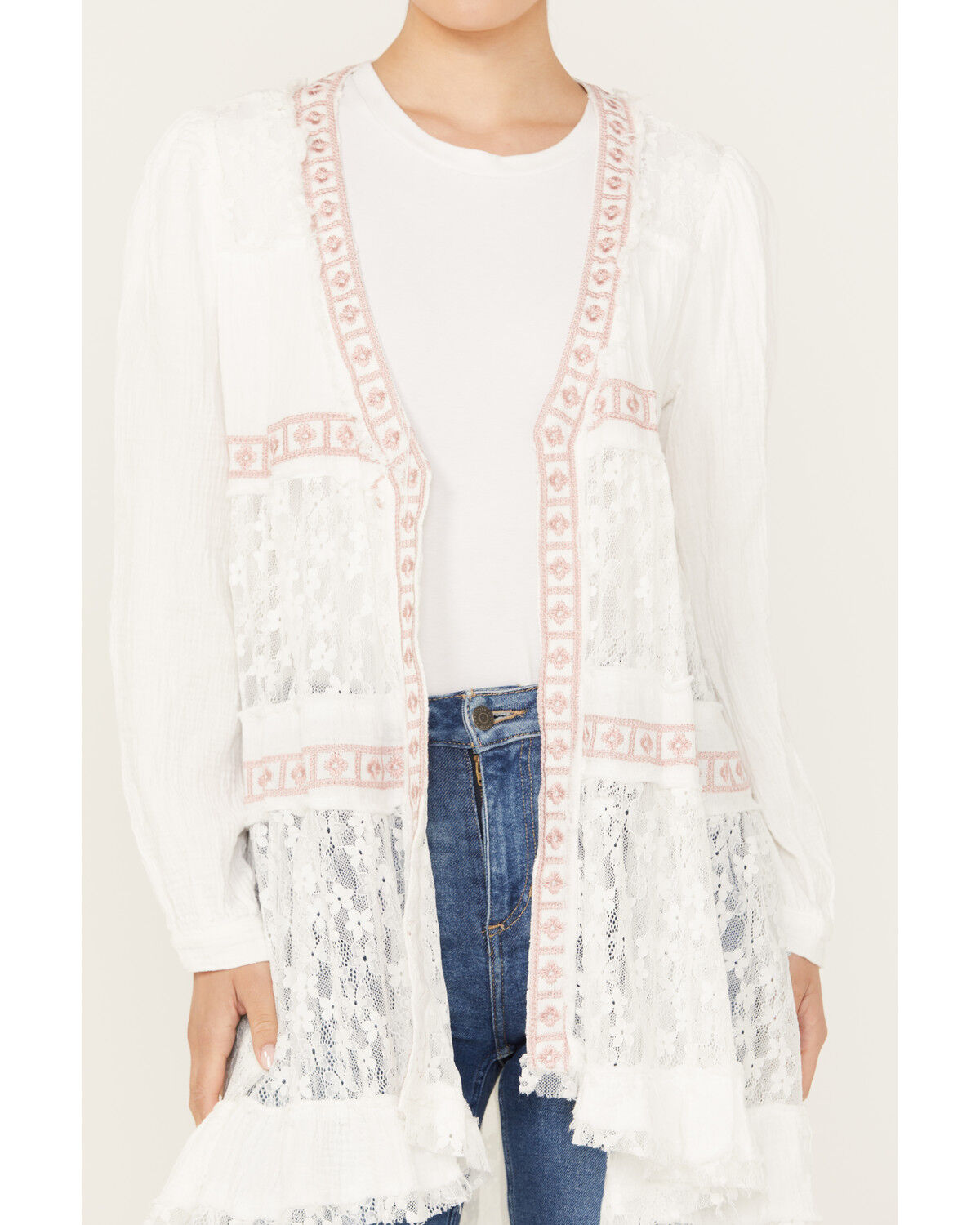Image #3 - POL Women's Tiered Ditsy Print Long Sleeve Kimono, White, hi-res