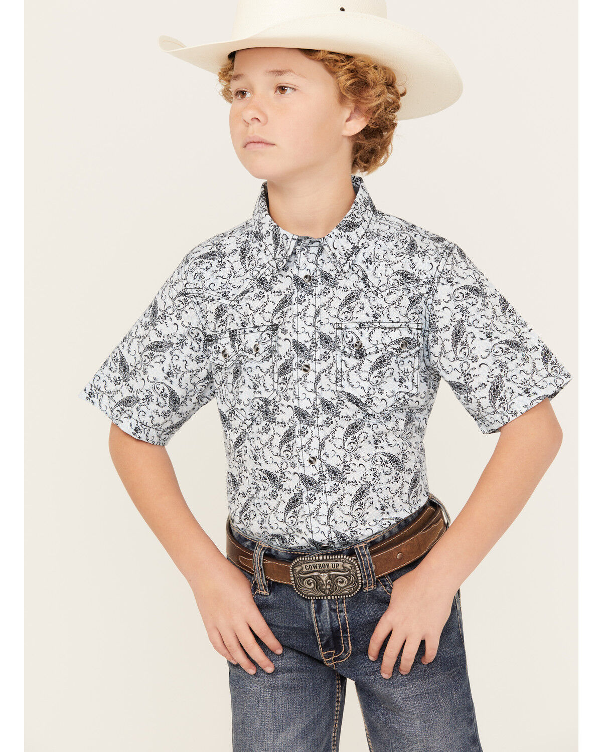 Image #1 - Cody James Boys' Paisley Print Short Sleeve Snap Western Shirt, Navy, hi-res