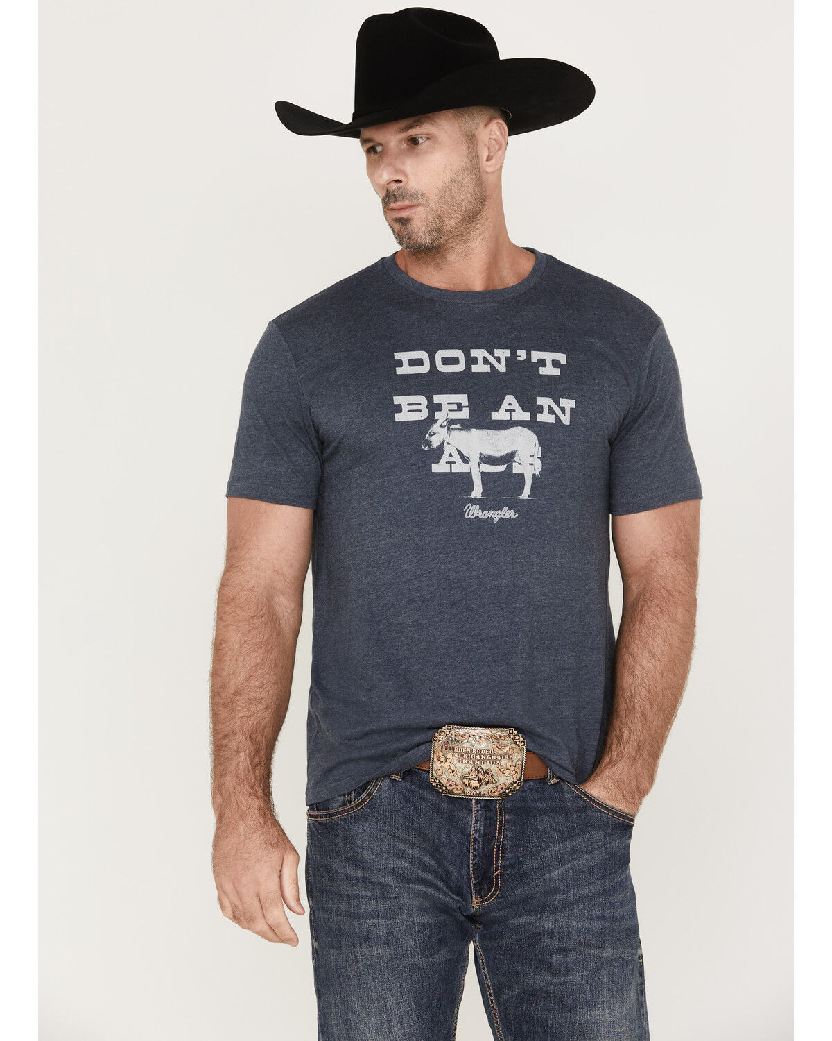 Image #1 - Wrangler Men's Heather Navy Don't Be An Graphic Short Sleeve T-Shirt, Navy, hi-res