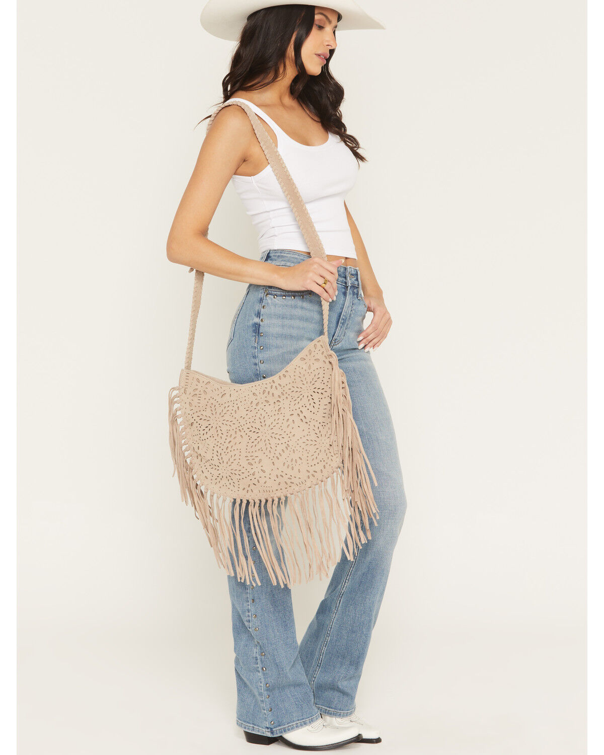 Image #1 - Shyanne Women's Avenly Floral Perforated Suede Hobo Bag, Tan, hi-res