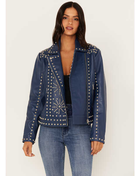 Idyllwind Women's Studded Moto Leather Jacket, Blue, hi-res