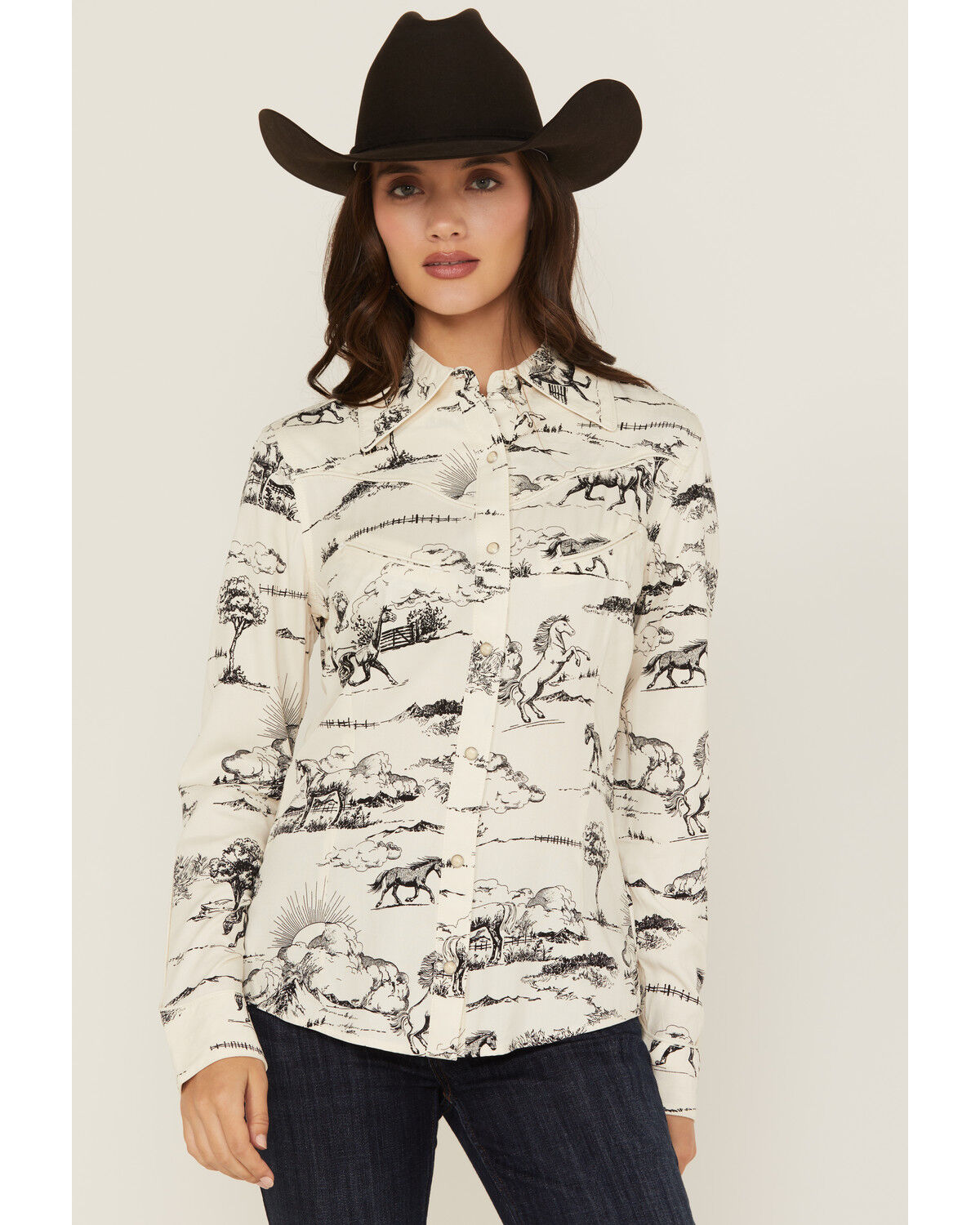 Image #1 - Wrangler x Lainey Wilson Women's Landscape Print Long Sleeve Snap Western Shirt, Cream, hi-res