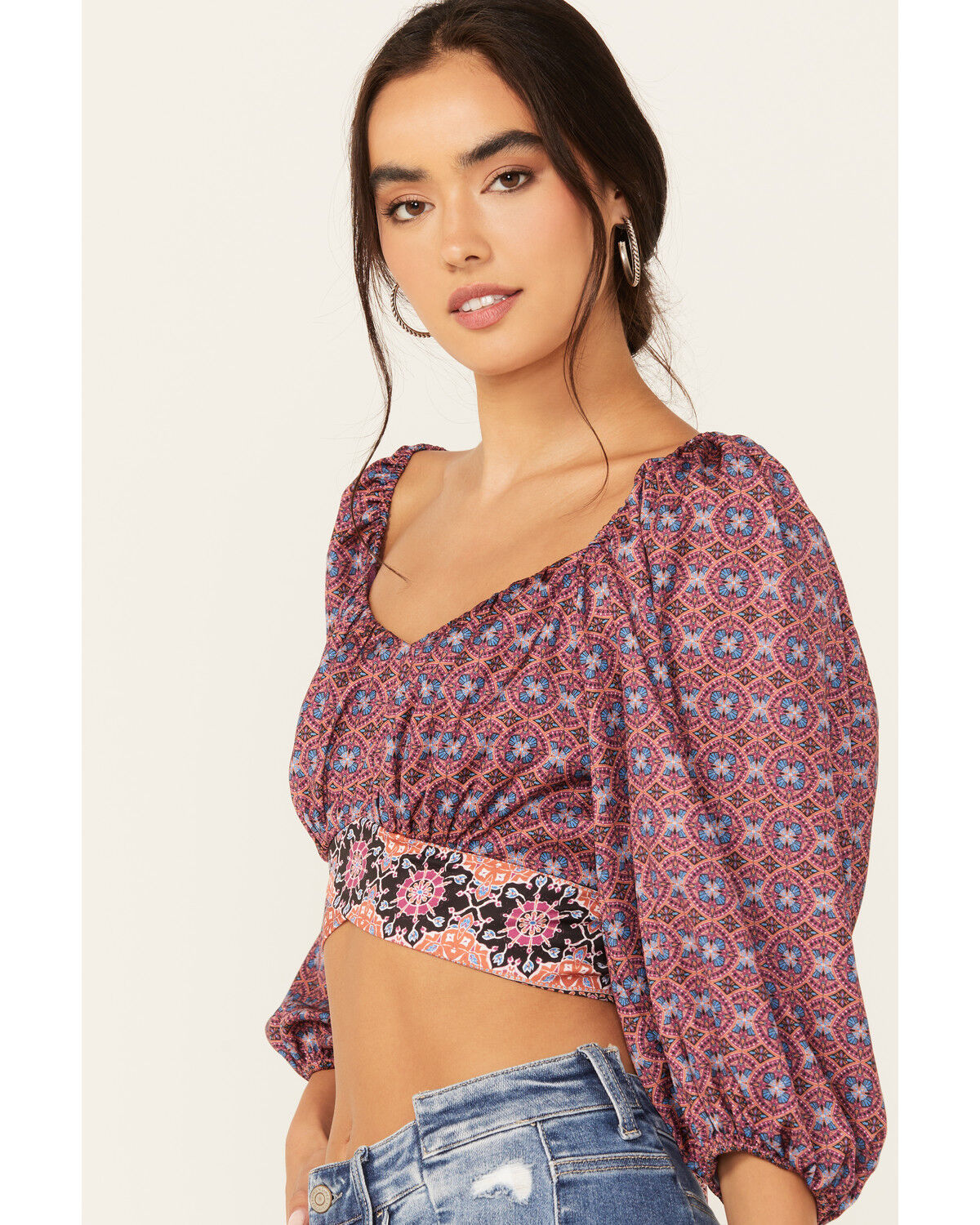 Image #2 - Beyond The Radar Women's Border Print Tie Back Top, Purple, hi-res