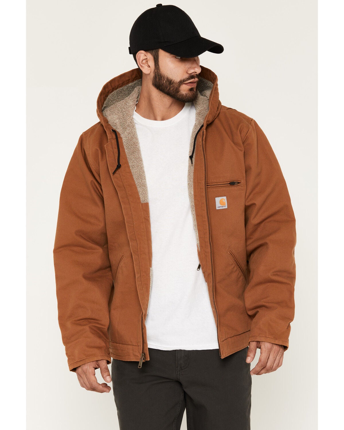 Carhartt Men's Washed Duck Sherpa Lined Hooded Work Jacket, Brown, hi-res