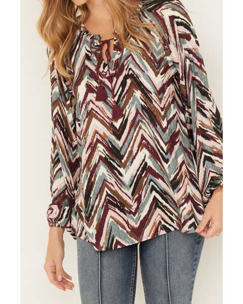 Image #3 - Shyanne Women's Printed Rayon Dobby Peasant Blouse , Maroon, hi-res