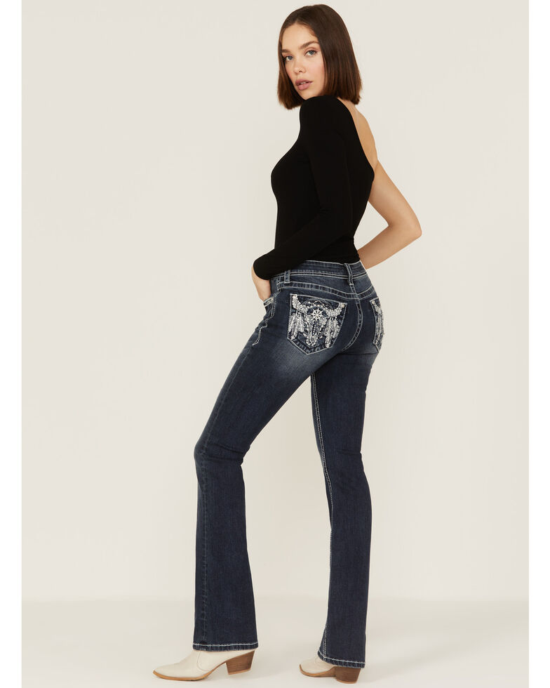 Grace in LA Women's Sequin Steer Head Skull Pocket Bootcut Jeans, Blue, hi-res