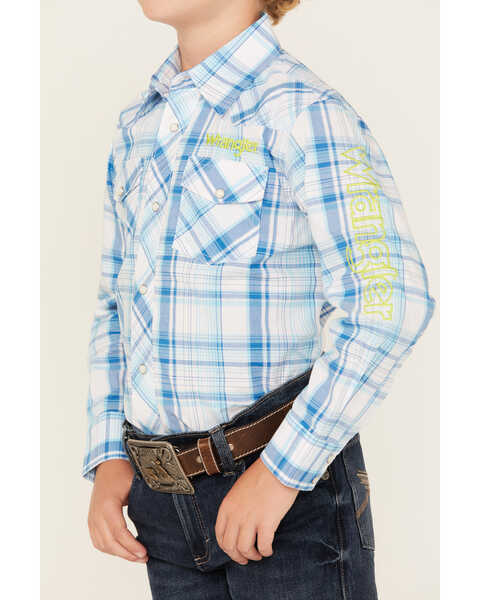Image #3 - Wrangler Boys' Plaid Print Logo Long Sleeve Snap Western Shirt, Light Blue, hi-res