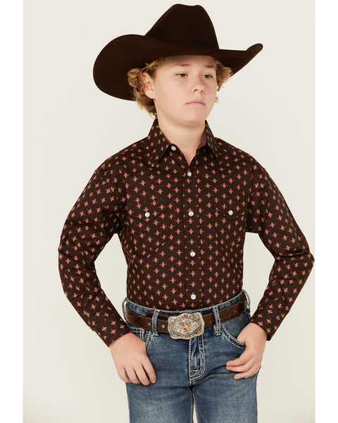Image #1 - Panhandle Select Boys' Southwestern Print Long Sleeve Pearl Snap Shirt, Brown, hi-res