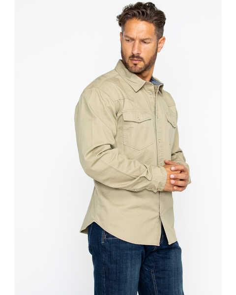 Image #4 - Hawx Men's Solid Twill Pearl Snap Long Sleeve Work Shirt , Beige/khaki, hi-res