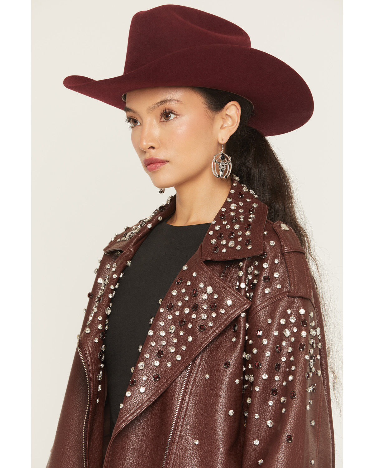Image #2 - Azalea Wang Women's Catrine Studded Faux Leather Jacket, Burgundy, hi-res