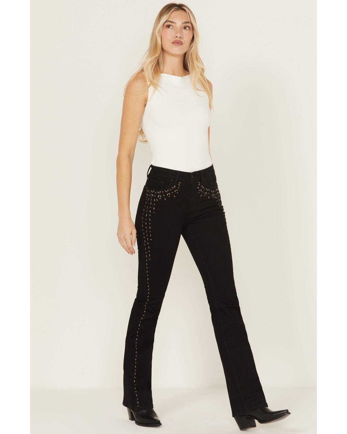 Wonderwest Women's Rigid Like Black Studded High Rise Bootcut Stretch Denim Jeans, Black, hi-res