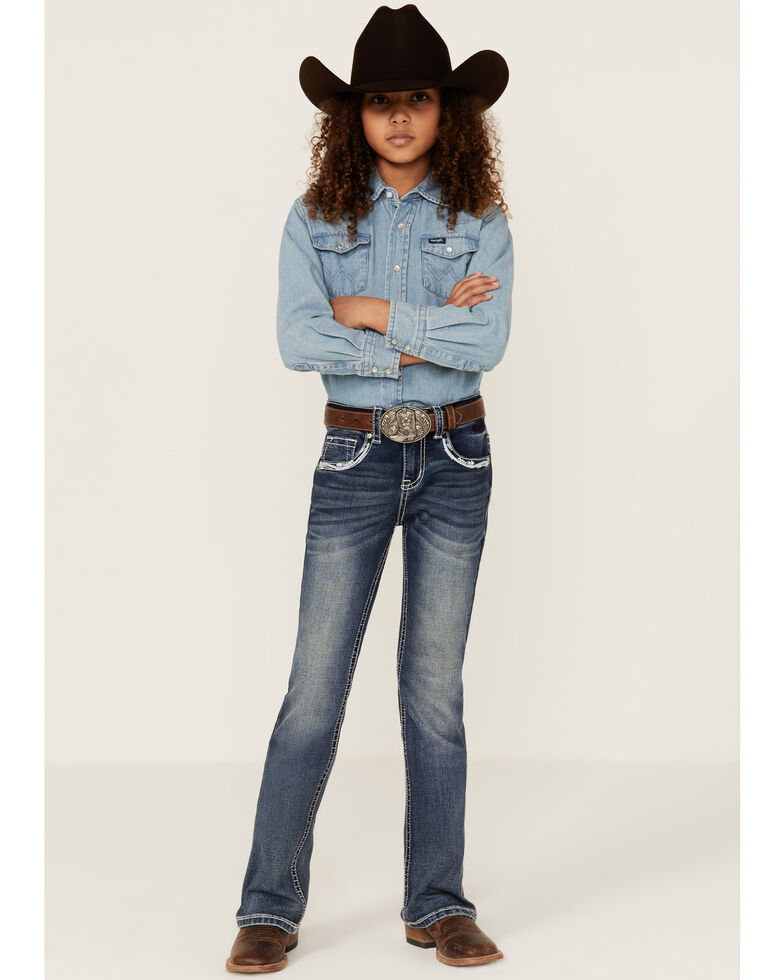 Shyanne Girls' Contrast Stitch & Embroidered Bootcut Jeans, Blue, hi-res