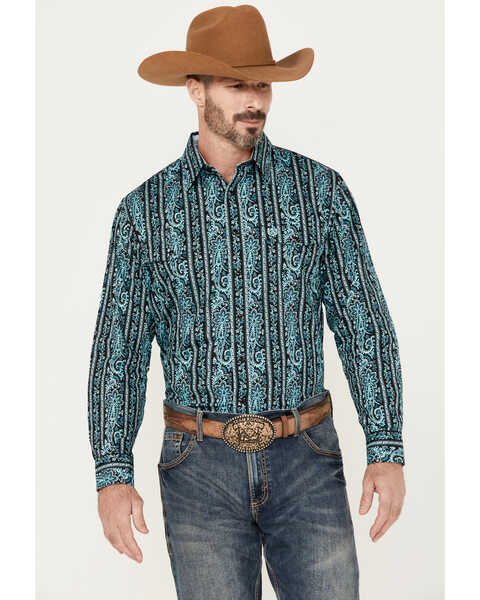 Panhandle Select Men's Paisley Striped Print Long Sleeve Western Snap Shirt, Turquoise, hi-res