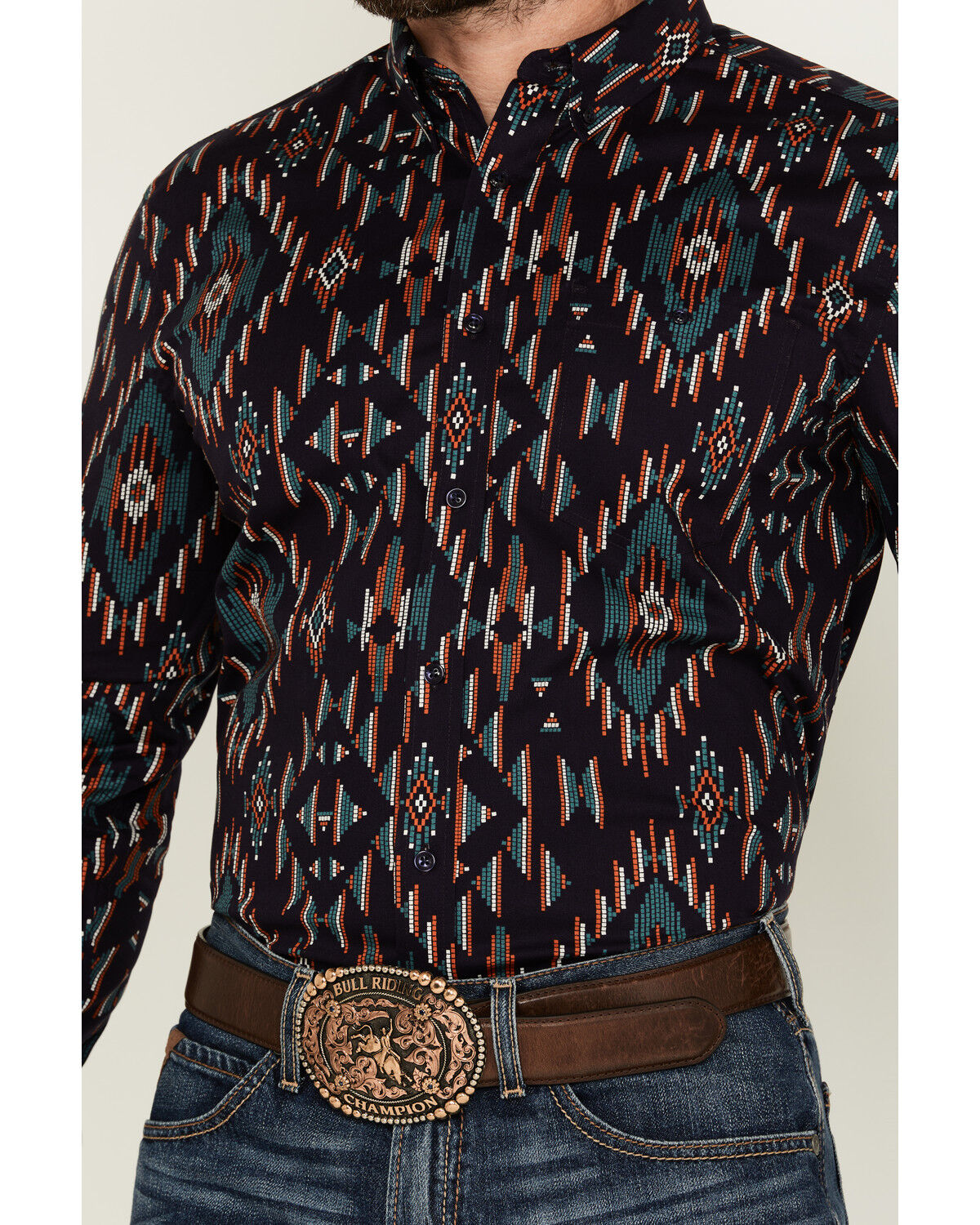Image #3 - RANK 45® Men's Hilsborrow Southwester Print Long Sleeve Button-Down Stretch Western Shirt, Dark Blue, hi-res