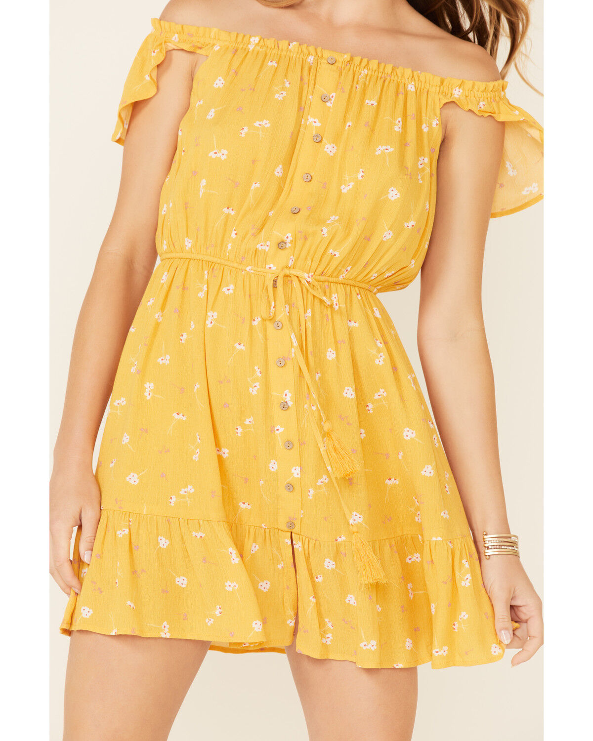 Image #3 - Miss Me Women's Floral Button Front Off-Shoulder Mini Dress, Yellow, hi-res