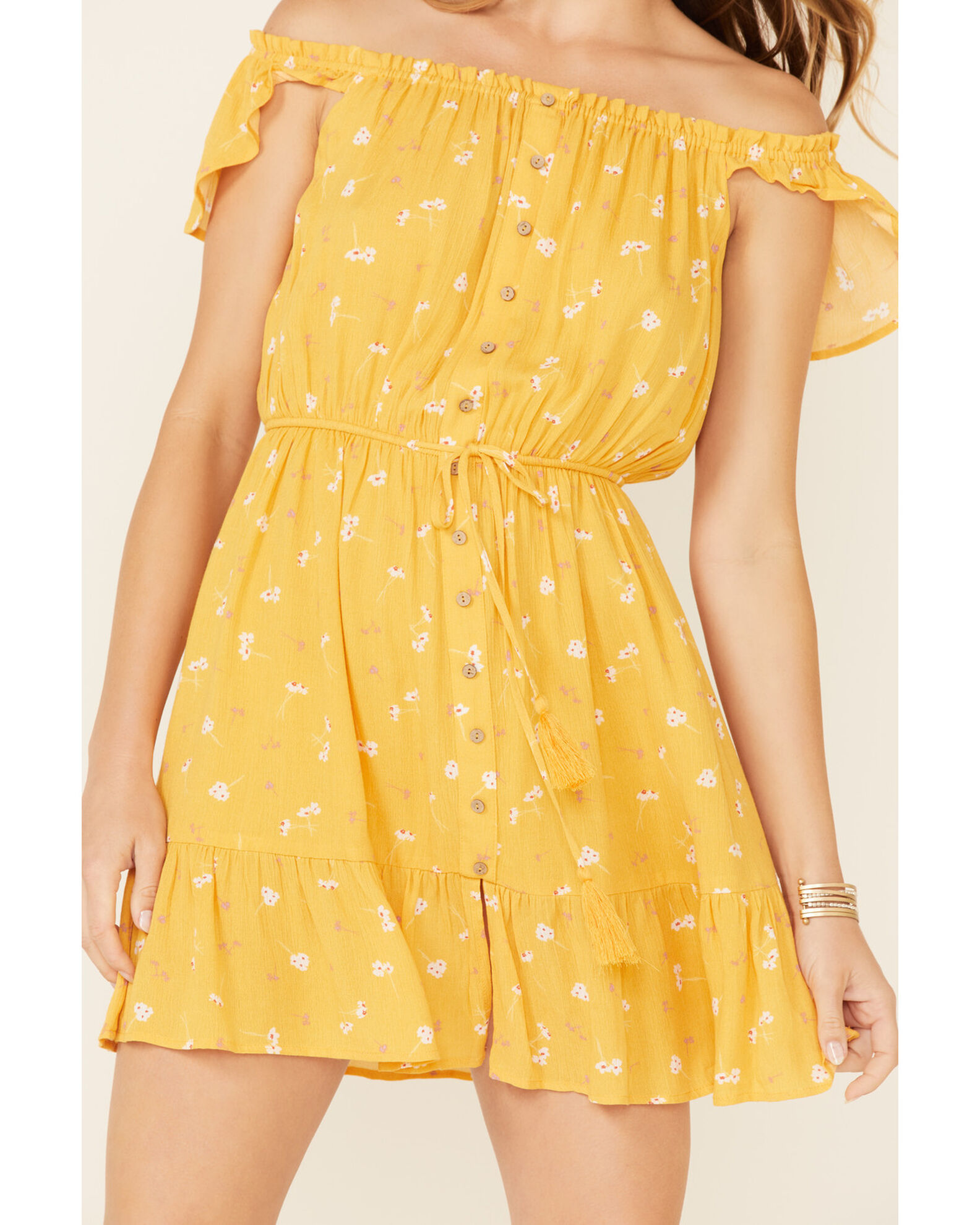 Image #3 - Miss Me Women's Floral Button Front Off-Shoulder Dress, Yellow, hi-res
