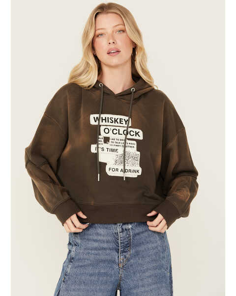 Image #1 - Cleo + Wolf Women's Bleached Deconstructed Whiskey Cropped Hoodie , Chocolate, hi-res
