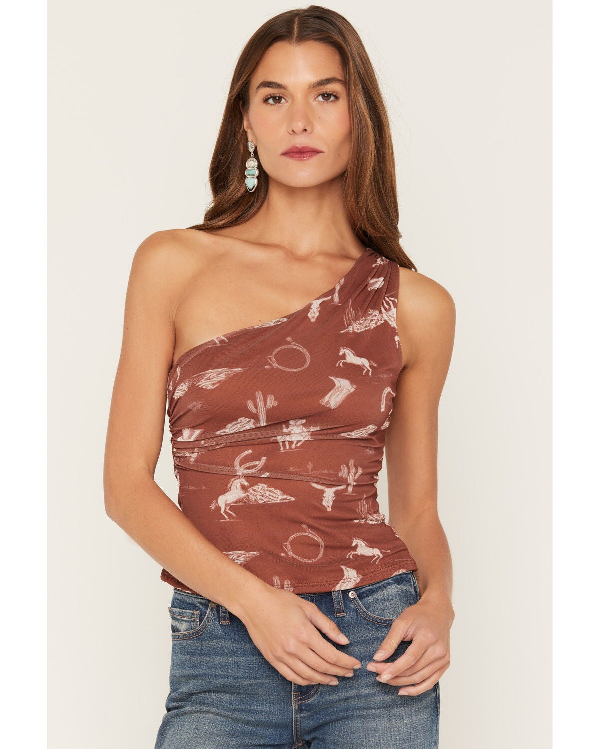 Image #1 - Ash & Violet Women's Conversational Print One Shoulder Top, Brown, hi-res