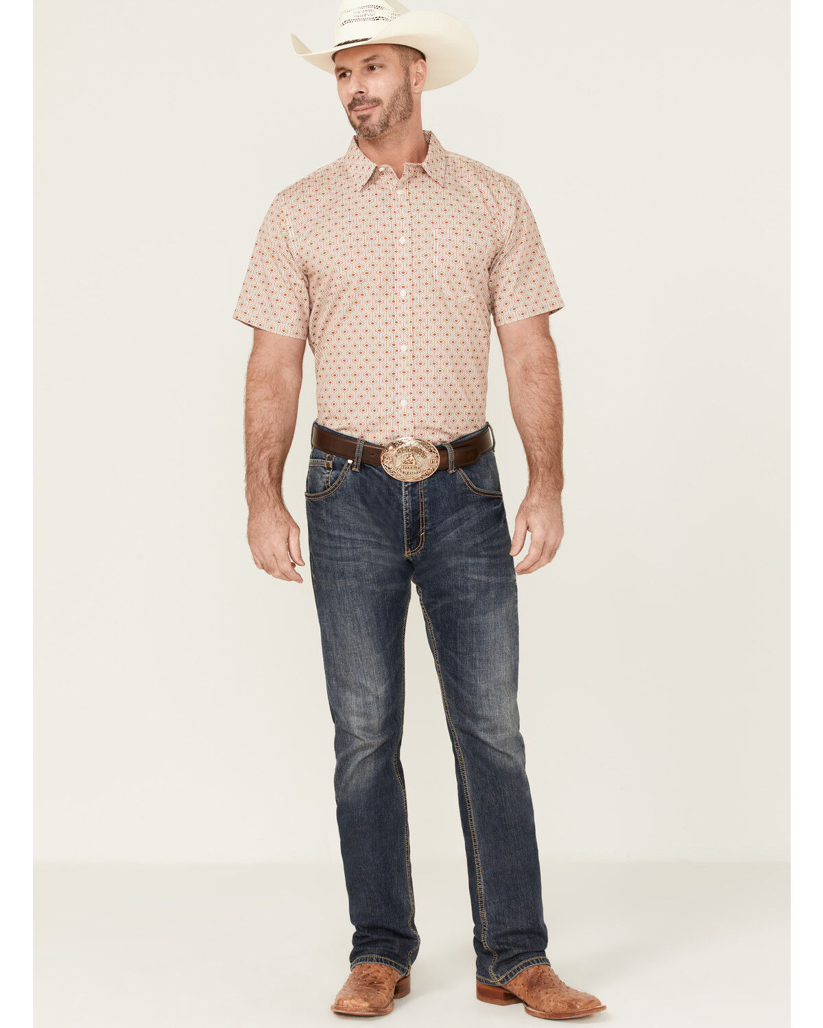Image #2 - Gibson Men's Cabana Geo Print Short Sleeve Button-Down Western Shirt, Cream, hi-res