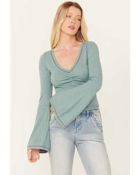 Image #1 - Shyanne Women's Twist Front Flare Sleeve Cropped Top , Aqua, hi-res