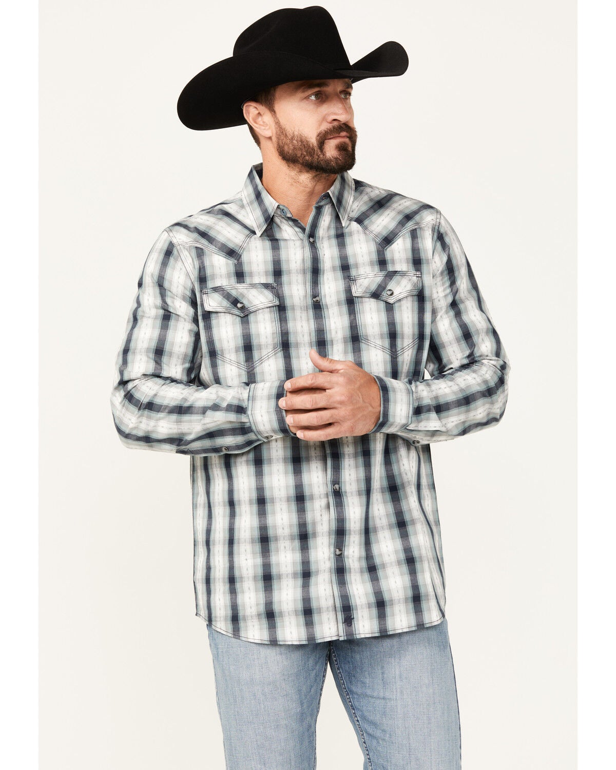 Moonshine Spirit&reg; Men's All Night Long Plaid Print Long Sleeve Snap Western Shirt, Natural, hi-res
