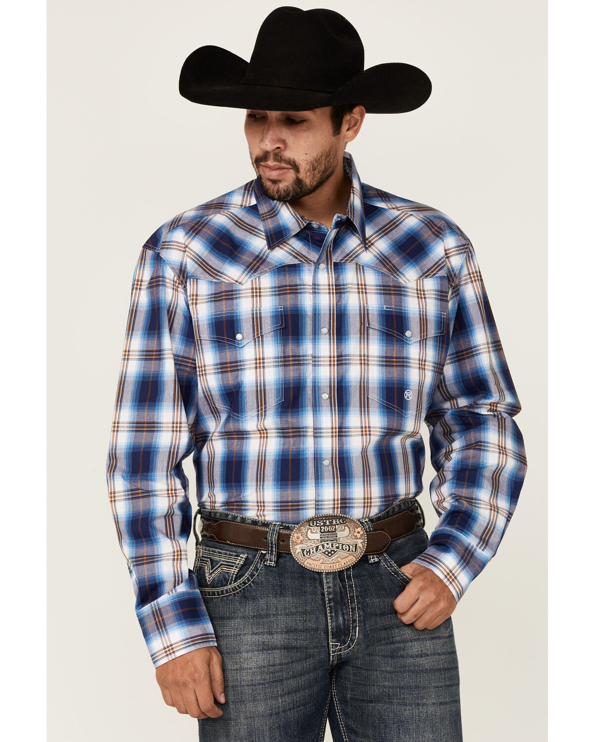 Image #1 - Roper Men's Royal Blue Large Plaid Long Sleeve Pearl Snap Western Shirt, Blue, hi-res