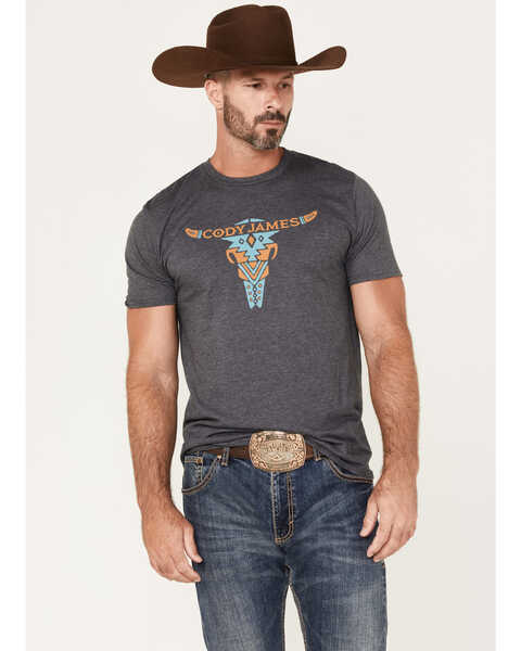 Image #1 - Cody James Men's Bull Skull Printed Graphic Short Sleeve T-Shirt , Grey, hi-res
