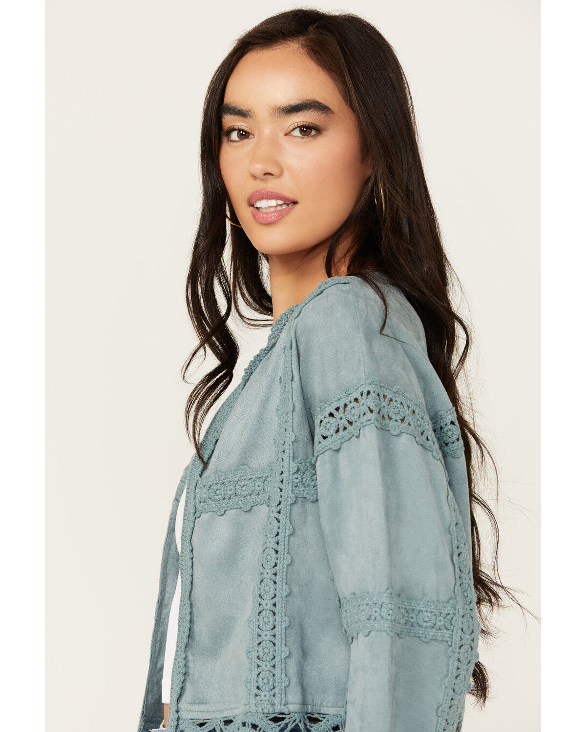 Image #2 - Miss Me Women's Crochet Faux Suede Jacket, Blue, hi-res