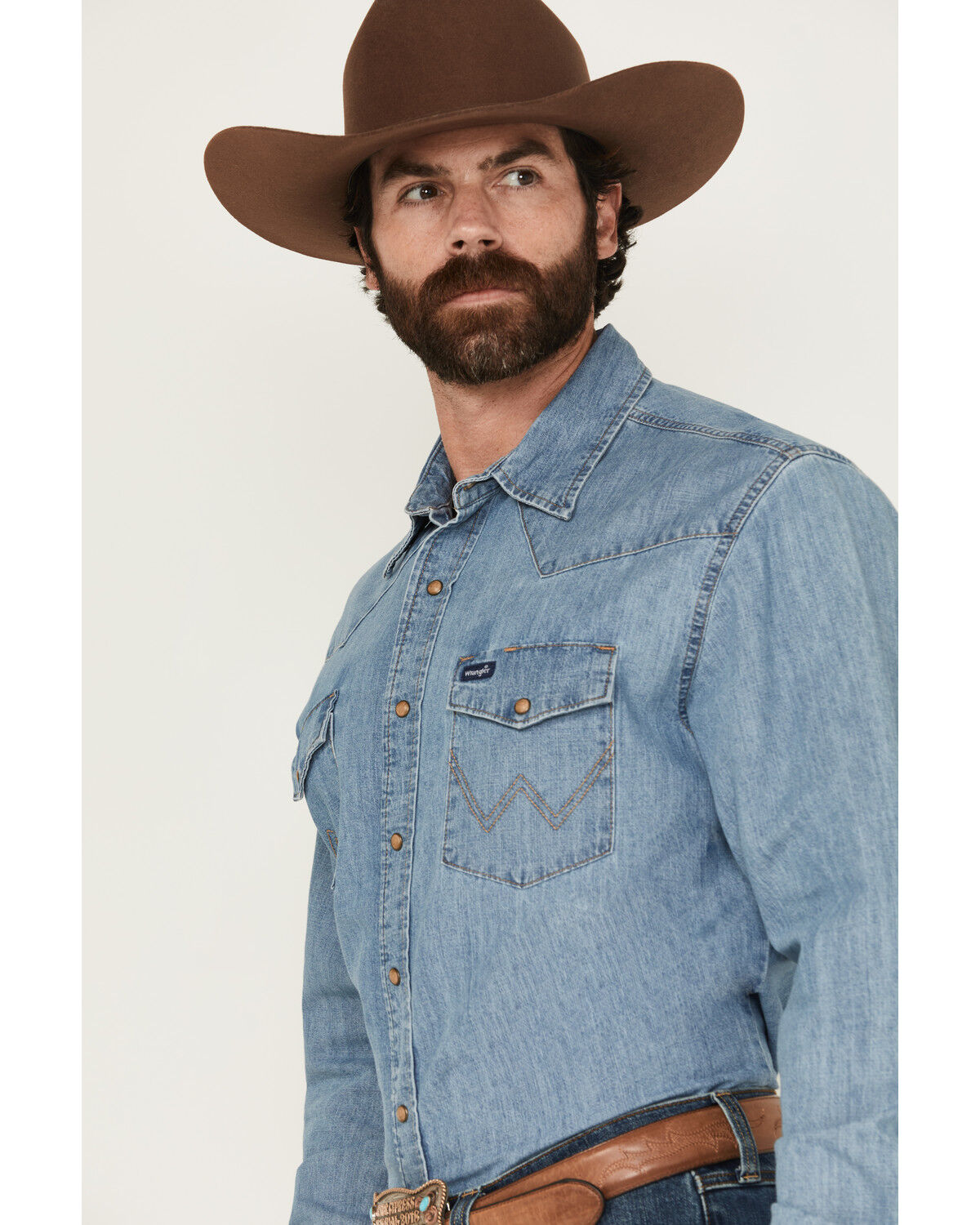Image #2 - Wrangler Men's Light Wash Denim Long Sleeve Snap Western Shirt, Light Wash, hi-res