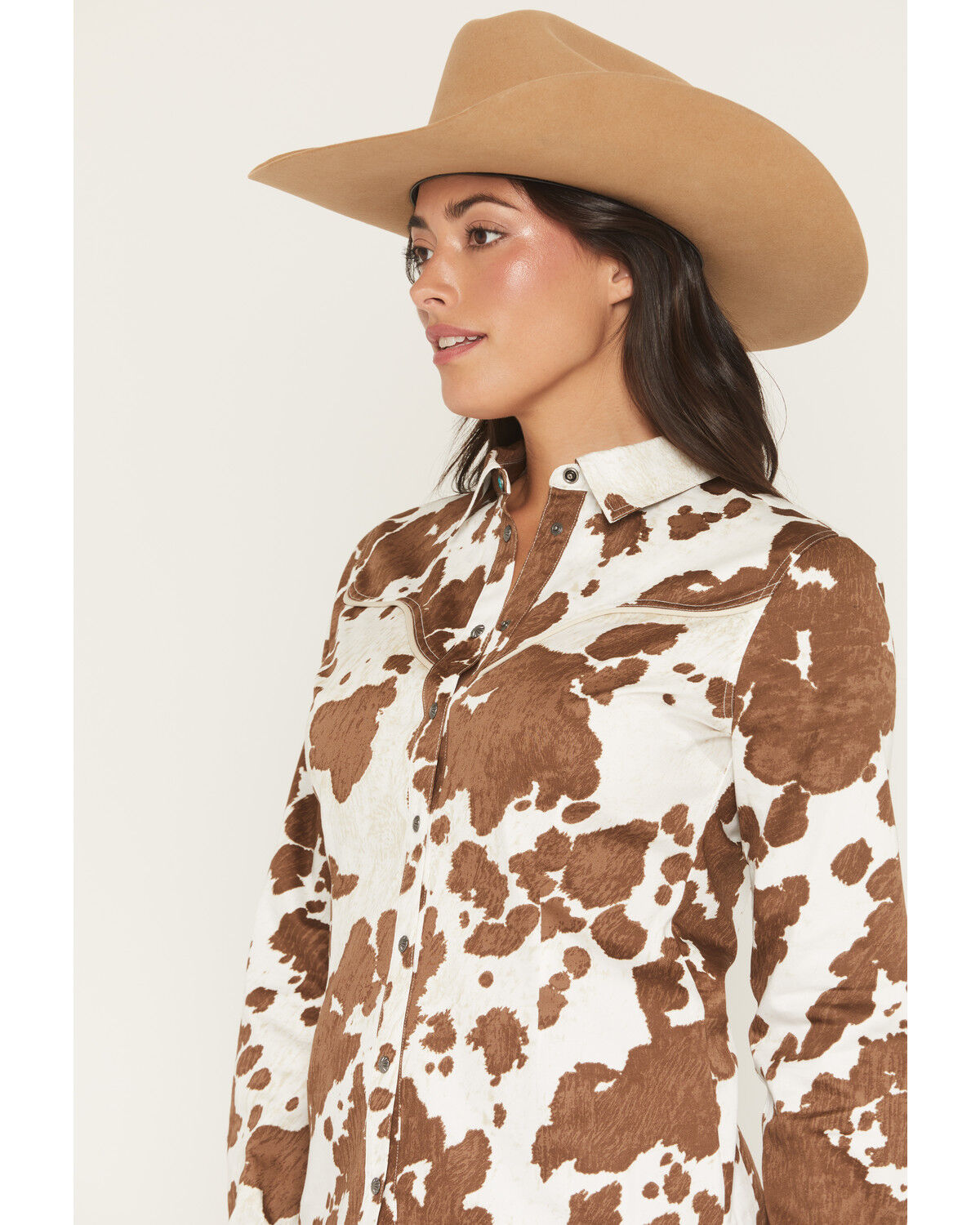 Image #2 - Shyanne Women's Junegrass Cow Print Long Sleeve Snap Stretch Western Shirt, Coffee, hi-res