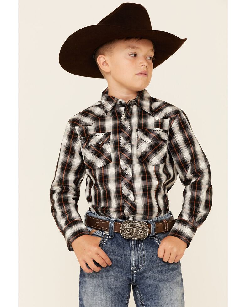 Wrangler Boys' Black Plaid Long Sleeve Fashion Snap Western Shirt , Black, hi-res