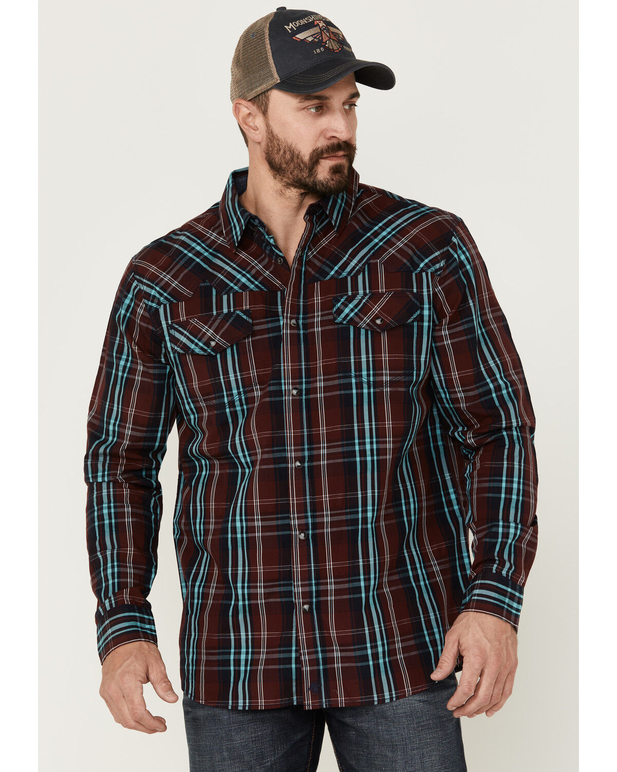 Image #1 - Moonshine Spirit Men's Fire Starter Large Plaid Long Sleeve Snap Western Shirt, Red, hi-res